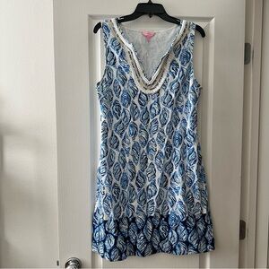 Lilly Pulitzer Sz L Harper Blue Shells Gold Trim Resort White Shift Dress